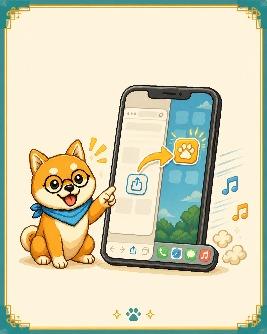コツ太がスマートフォンのホーム画面への追加を案内しているイラスト