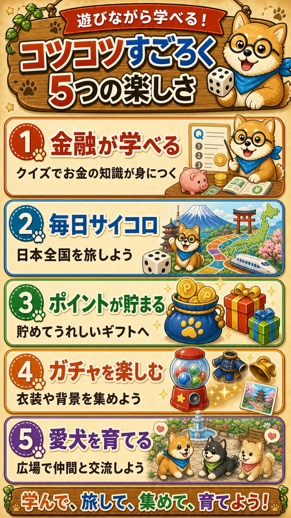 コツコツすごろくの5つの楽しさ。金融クイズ、日本一周、ポイント、ガチャ、愛犬育成と広場交流の紹介